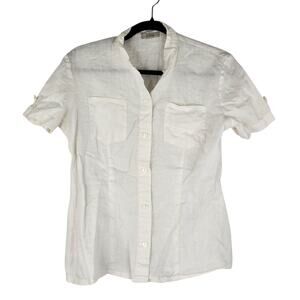 Oltre White Button Down 100% Linen Blouse Short Sleeve Women's Size 6 Minimalist